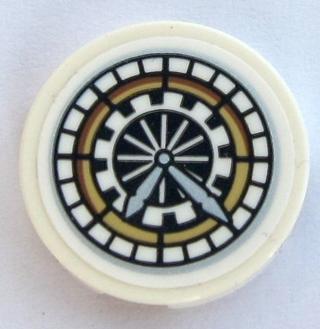 Lego Tile, Round 2 x 2 with Bottom Stud Holder with HP Hogwarts Great Hall Clock Face Pattern (Sticker) - Set 75954 / White