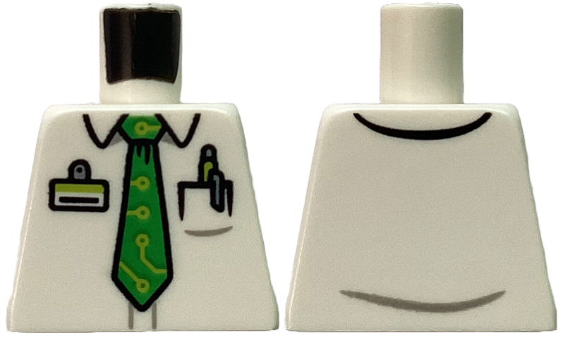 Lego Torso Shirt with Collar and Pen in Pocket, ID Badge, Bright Green Tie with Lime Circuitry Pattern / White