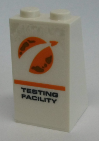 Lego Slope 75 2 x 2 x 3 - Solid Studs with Orange City Mars Exploration Logo and 'TESTING FACILITY' Pattern (Sticker) - Set 60228 / White