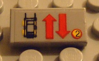 Lego Tile 1 x 2 with Car, Red Up and Down Arrows, and '2' in Circle Pattern (Sticker) - Set 8082 / Light Gray