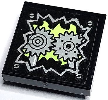 Lego Tile, Modified 2 x 2 Inverted with Silver Exposed Gears, Screws and Yellowish Green Flames Pattern (Sticker) - Set 70430