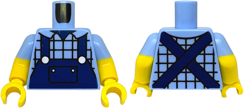 Lego Torso Plaid Shirt with Collar, Dark Blue Overalls with Pocket and Silver Buttons Pattern / Yellow Arms with Molded Bright Light Blue Short Sleeves Pattern / Yellow Hands