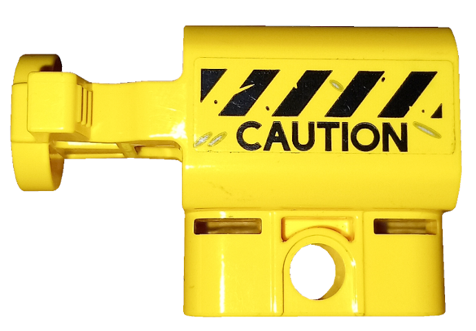 Lego Projectile Launcher Part, Net Shooter Canister with Black and Yellow Danger Stripes and 'CAUTION' Pattern (Sticker) - Set 75926 / Yellow