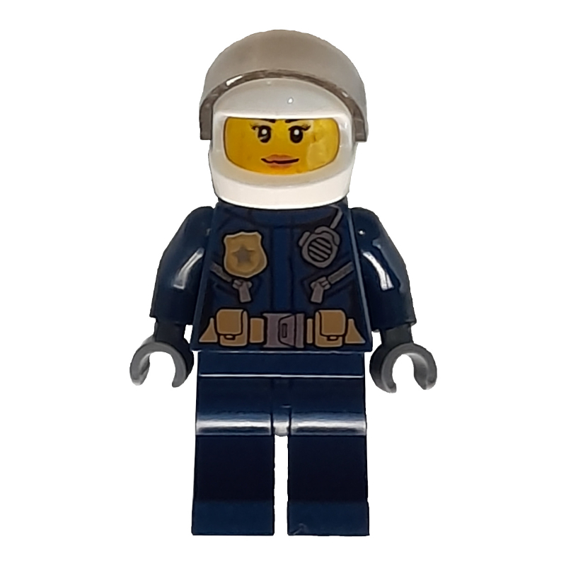 Lego Policewoman, Dark Blue Jacket with Radio, Badge, and Belt with Pouches, White Helmet with Trans-Brown Visor