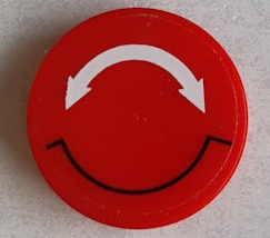 Lego Tile, Round 2 x 2 with Bottom Stud Holder with White Double Curved Arrow on Transparent Background Pattern (Sticker) - Set 60188 / Red