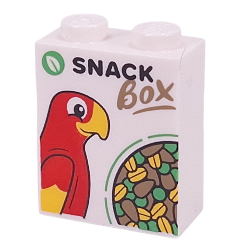 Lego Brick 1 x 2 x 2 with 'SNACK BOX', Parrot, Pellets print / White