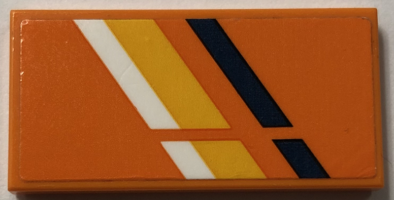 Lego Tile 2 x 4 with White, Bright Light Orange and Dark Blue Stripes Pattern Model Left Side (Sticker) - Set 60387 / Orange