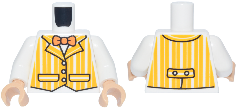 Lego Torso Vest with Bright Light Orange Vertical Stripes, Black Trim and Pockets, Orange Bow Tie Pattern / White Arms / Medium Tan Hands