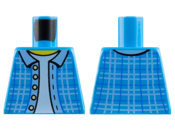 Lego Torso Plaid Jacket with Bright Light Blue Hem and Collar and Light Bluish Gray Buttons over White Shirt, Yellow Neck Pattern / Dark Azure