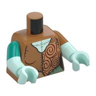 Lego Torso, Odd Dual Molded Arms, Medium Nougat/Nougat/Sand Green Random Stitched Clothes, Light Aqua Chest Print, Left Medium Nougat Sleeve, Right Dark Turquoise Sleeve Pattern, Light Aqua Arms and Hands