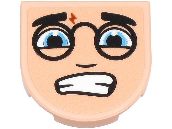 Lego Tile, Round 2 x 2 Half Circle Extended with Black Eyebrows and Round Glasses, Eyes, Lightning Bolt Scar, Scared Open Mouth with Teeth Pattern (Harry Potter Face) (Sticker) - Set 76470 / Light Nougat