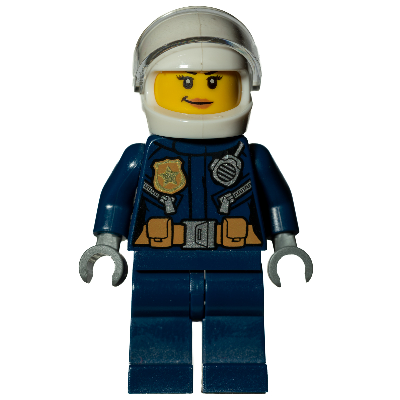 Lego Policewoman, Dark Blue Jacket with Radio, Badge, and Belt with Pouches, White Helmet with Trans-Clear Visor, Smirk