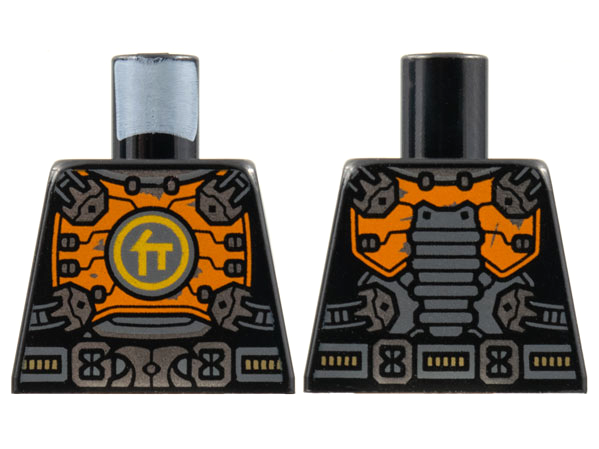 Lego Torso Orange Breastplate with Silver Clasps and Buckle, Bright Light Orange Ninjago Logogram Letter C Pattern / Black