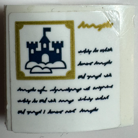 Lego Slope, Curved 2 x 2 x 2/3 with Book Page with Writing, Dark Blue Castle and Clouds in Gold Frame Pattern (Sticker) - Set 31125