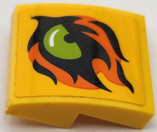 Lego Slope, Curved 2 x 2 x 2/3 with Lime Eye and Black and Orange Flames Pattern Model Left Side (Sticker) - Set 60295