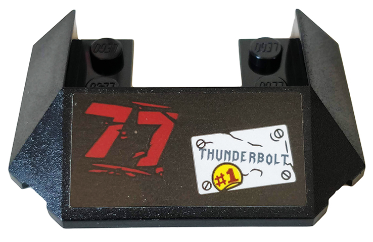 Lego Wedge 6 x 4 Cutout (Train Roof) with 5 Large Bottom Tubes with '77', Plate, Rivets, 'THUNDERBOLT' and '#1' in Circle Pattern (Sticker) - Set 76078 / Black