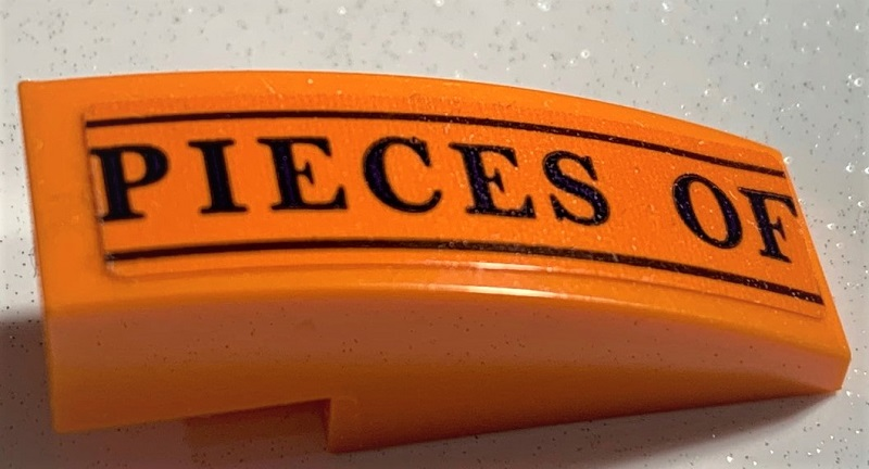 Lego Slope, Curved 3 x 1 with Black 'PIECES OF' and Lines Pattern (Sticker) - Set 75978 / Orange