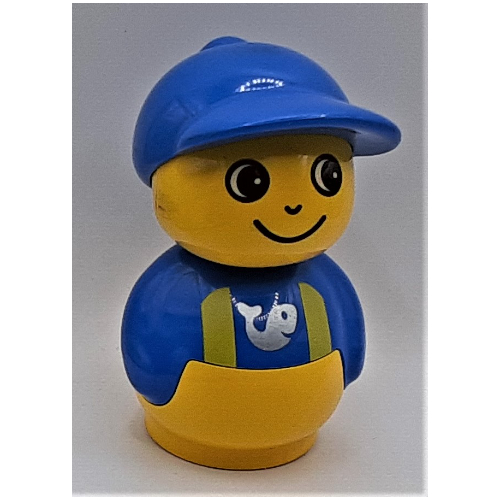 Lego Primo Figure Boy with Yellow Base, Yellow Suspenders with Fish Print, Blue Cap / Blue