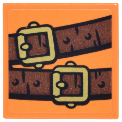 Lego Tile 2 x 2 with Reddish Brown Belts with Black Holes and Gold Buckles Pattern (Sticker) - Set 75644 / Orange