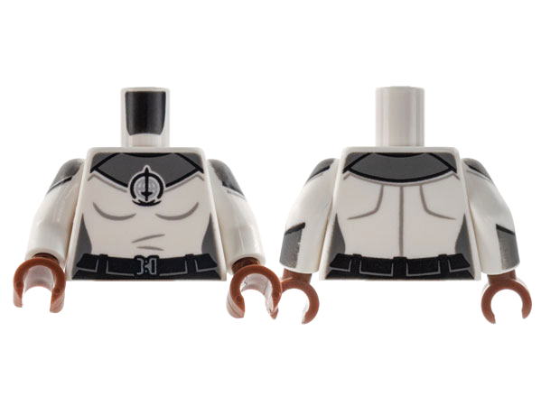 Lego Torso Female, Dark Bluish Gray Shoulders, SWORD Logo Pattern / White Arms with Dark Bluish Gray Shoulder and Cuff Pattern / Reddish Brown Hands