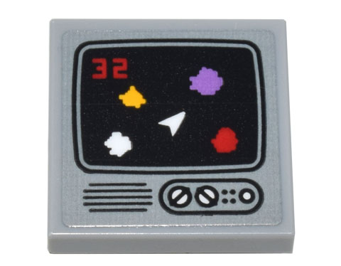 Lego Tile, Modified 2 x 2 Inverted with Computer Monitor Asteroids Game, Red '32' Score on Screen and White Button and Dials Pattern (Sticker) - Set 10306 / Light Bluish Gray