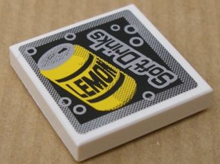 Lego Tile 2 x 2 with 'LEMON' on Yellow Can and 'Soft Drinks' Pattern (Sticker) - Set 8154