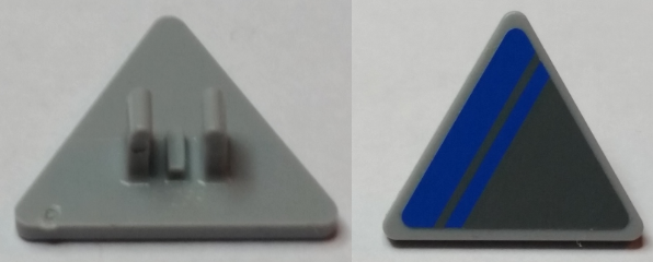 Lego Road Sign 2 x 2 Triangle with Clip with Blue Stripe on Dark Bluish Gray Background Pattern Model Left Side (Sticker) - Set 75012