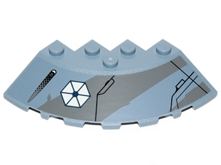 Lego Brick, Round Corner 6 x 6 with Slope 33 Edge, Facet Cutout with Missile Launcher and Separatists Insignia Pattern Model Left Side (Sticker) - Set 75041 / Sand Blue