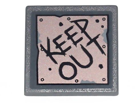 Lego Road Sign 2 x 2 Square with Open O Clip with Copper Plate with 'KEEP OUT' and Metal Rivets Pattern (Sticker) - Set 70840
