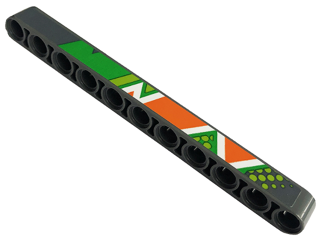 Lego Technic, Liftarm Thick 1 x 11 with Bright Green, Lime, Orange and White Diagonal Stripes, Triangles and Dots Pattern Model Right Side (Sticker) - Set 42129