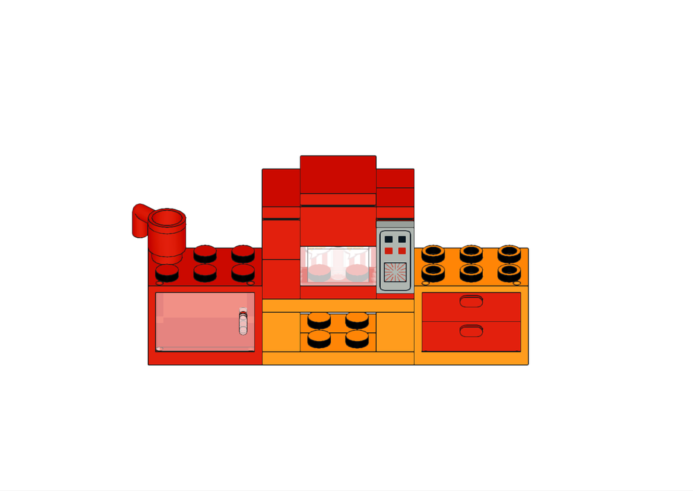 Lego microwave on a table with drawers