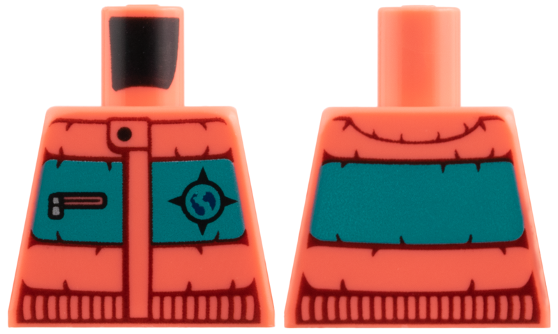 Lego Torso Jacket, Dark Turquoise Panel, Dark Red Seams and Gathers, Arctic Explorers Logo Pattern / Coral