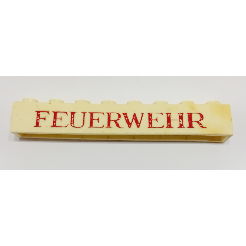 Lego Brick 1 x 8 with 'FEUERWEHR' Thin Red Print / White