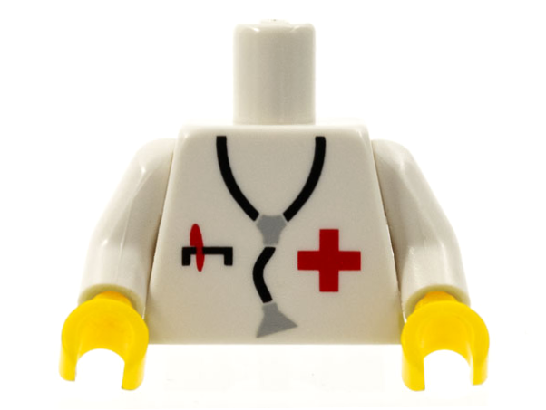 Lego Torso Hospital Red Cross Shirt and Stethoscope Pattern, Inside with Ribs (Reissue) / White Arms / Yellow Hands