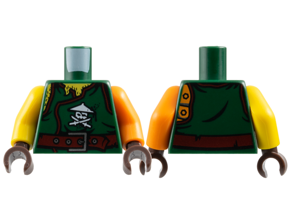 Lego Torso Ninjago Robe with Ninja Skull with Crossed Swords, Chest Hair and Dark Red Belt Pattern / Orange Arm Left / Yellow Arm Right / Dark Brown Hands