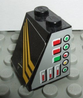 Lego Slope 65 2 x 2 x 2 without Bottom Tube with Gauges and Diagonal Yellow Stripes Pattern Model Right Side (Stickers) - Set 8425 / Black
