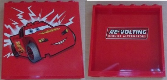 Lego Panel 1 x 6 x 5 with Lightning McQueen Facing Right Outside and 'REVOLTING REBUILT ALTERNATORS' Inside Pattern (Stickers) - Set 8486