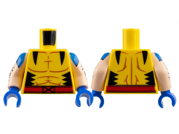 Lego Torso Super Hero Costume with Reddish Brown Muscles Outline, Black Jagged Panels, Red Belt with X-Men Logo Buckle Pattern / Light Nougat Arms with Blue Shoulders and Black Hair Pattern / Blue Hands