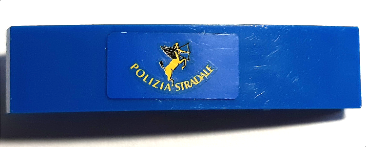 Lego Slope, Curved 4 x 1 with Yellow 'POLIZIA STRADALE' and Archer Centaur Pattern (Sticker) - Set 8214 / Blue