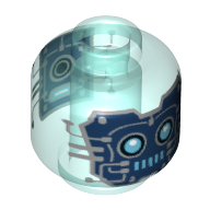 Lego Minifig Head Robot, Dark Blue Face with Wires and Circuitry, Azure Eyes and Mouth Print / Trans-Light Blue