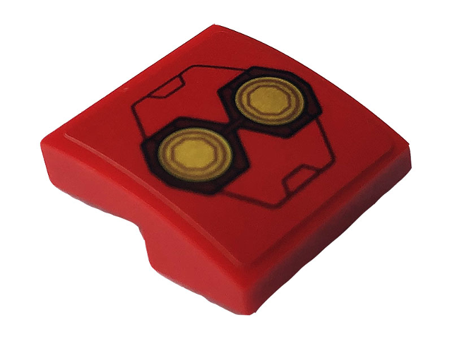 Lego Slope, Curved 2 x 2 x 2/3 with Two Gold Rings and Iron Man Hulkbuster Armor Pattern (Sticker) - Set 76164 / Red