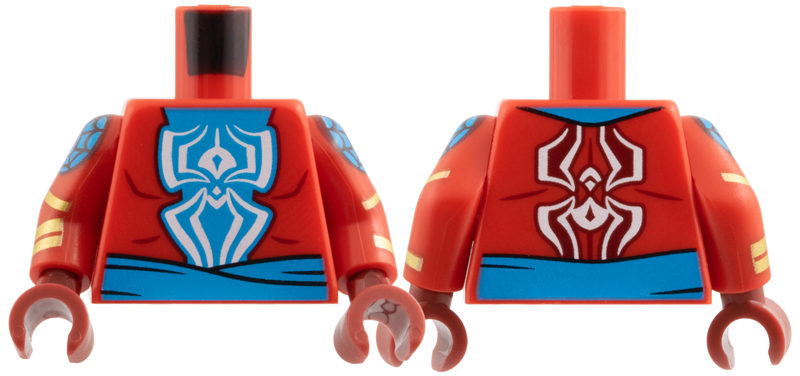 Lego Torso Jacket, Medium Azure Shirt and Sash, White Spider Pattern / Red Arms with Medium Azure Web Circle, Gold Rings Pattern / Dark Red Hands