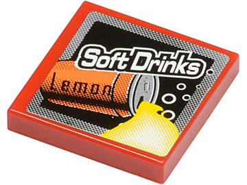 Lego Tile 2 x 2 with 'Soft Drinks' and Orange Can with 'Lemon' Pattern (Sticker) - Set 8135 / Red