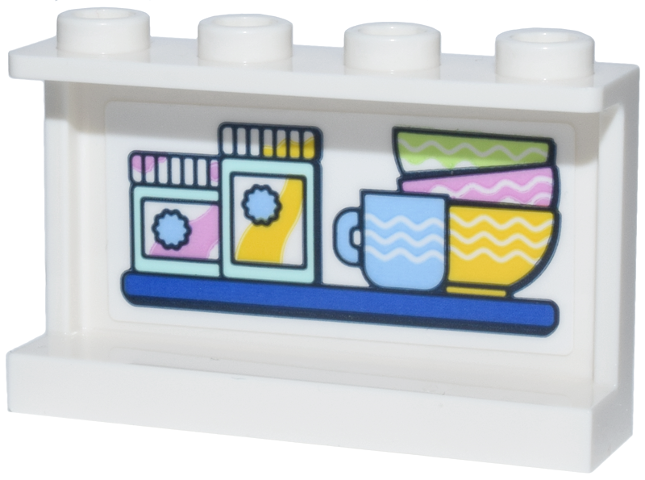 Lego Panel 1 x 4 x 2 with Side Supports - Hollow Studs with Blue Shelf with Bright Light Blue, Bright Pink, Yellow and Yellowish Green Jars, Mug and Bowls Pattern (Sticker) - Set 42670