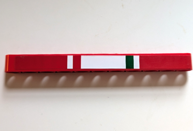 Lego Technic, Liftarm Thick 1 x 11 with Green and Red Stripes on White Background Pattern (Sticker) - Set 42125 / Red