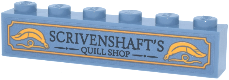 Lego Brick 1 x 6 with Bright Light Orange Sign and Feathers and Black 'SCRIVENSHAFT'S QUILL SHOP' Pattern (Sticker) - Set 76457 / Sand Blue