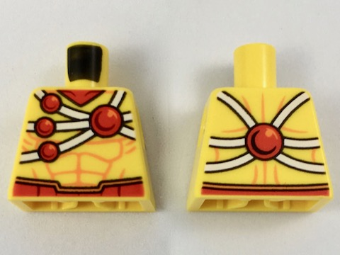 Lego Torso Muscles Outline with Red Belt and White Harness with Red Balls Pattern (Firestorm) / Yellow