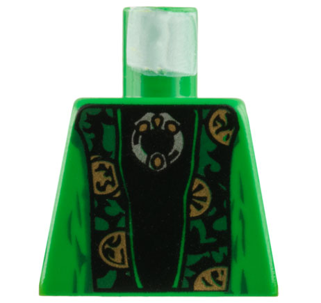 Lego Torso Robe Open with Dark Green and Gold Trim over Black Shirt, Silver Brooch Pattern / Green