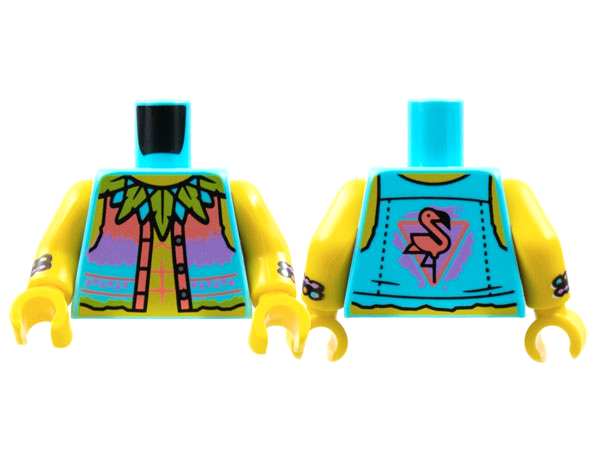 Lego Torso Vest, Leaf Collar, Coral Flamingo Pattern / Yellow Arms with Black Cuffs, Medium Lavender, Medium Azure, and Orange Trim Pattern / Yellow Hands