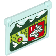 Lego Glass for Window 1 x 4 x 3 - Opening with ATV Red Warning Square Against Mountains and Field with Trees Print / Trans-Light Blue